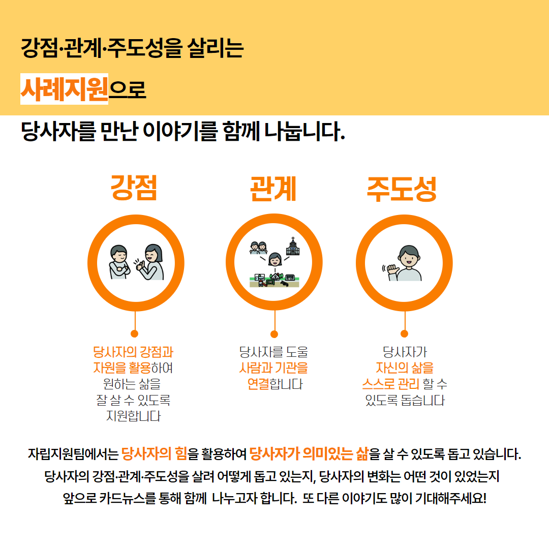 강점·관계·주도성을 살리는 사례지원으로  당사자를 만난 이야기를 함께 나눕니다.자립지원팀에서는 당사자의 힘을 활용하여 당사자가 의미있는 삶을 살 수 있도록 돕고 있습니다. 당사자의 강점·관계·주도성을 살려 어떻게 돕고 있는지, 당사자의 변화는 어떤 것이 있었는지   앞으로 카드뉴스를 통해 함께  나누고자 합니다.  또 다른 이야기도 많이 기대해주세요!