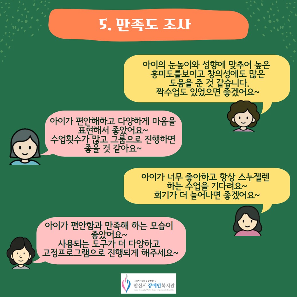 5. 만족도 조사/아이의 눈높이와 성향에 맞추어 높은 흥미도를보이고 창의성에도 많은 도움을 준 것 같습니다.짝수업도 있었으면 좋겠어요~/아이가 편안해하고 다양하게 마음을 표현해서 좋았어요~수업횟수가 많고 그룹으로 진행하면 좋을 것 같아요~/아이가 너무 좋아하고 항상 스누젤렌 하는 수업을 기다려요~회기가 더 늘어나면 좋겠어요~/아이가 편안함과 만족해 하는 모습이 좋았어요~ 사용되는 도구가 더 다양하고 고정프로그램으로 진행되게 해주세요~/안산시장애인복지관 로고