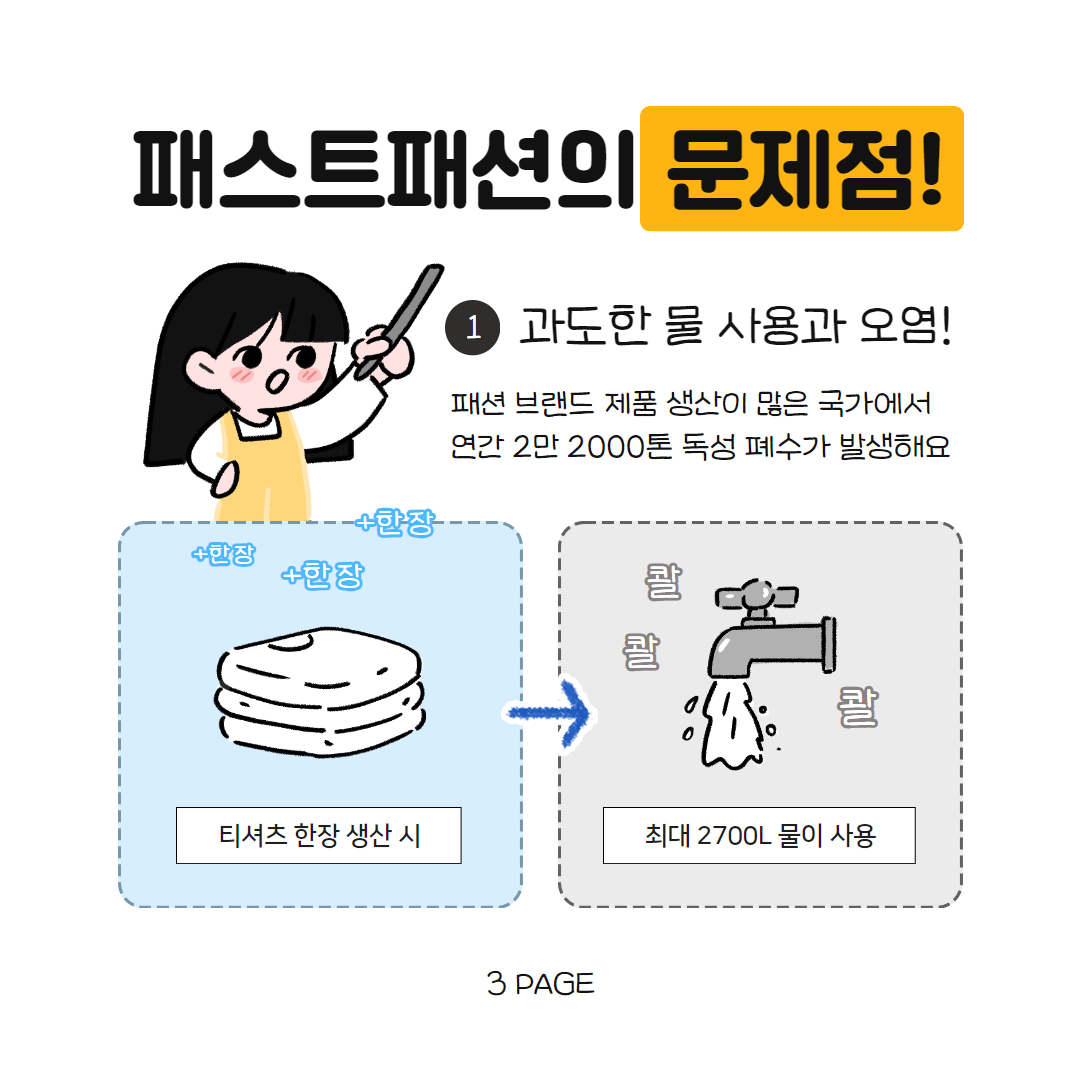 패스트패션의 문제점! 1. 과도한 물 사용과 오염 -패션 브랜드 제품 생산이 많은 국가에서 연간 2만2000톤 독성 폐수가 발생해요