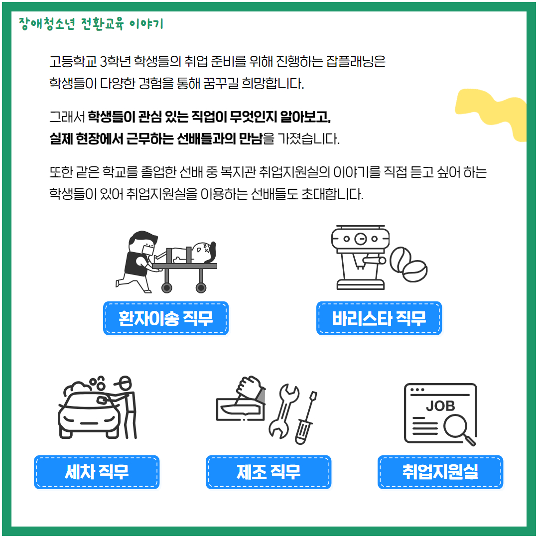 장애청소년 전환교육 이야기 고등학교 3학년 학생들의 취업 준비를 위해 진행하는 잡플래닝은 학생들이 다양한 경험을 통해 꿈꾸길 희망합니다. 그래서 학생들이 관심 있는 직업이 무엇인지 알아보고, 실제 현장에서 근무하는 선배들과의 만남을 가졌습니다. 또한 같은 학교를 졸업한 선배 중 복지관 취업지원실의 이야기를 직접 듣고 싶어 하는 학생들이 있어 취업지원실을 이용하는 선배들도 초대합니다. 환자이송 직무, 바리스타 직무, 세차 직무, 제조 직무, 취업지원실